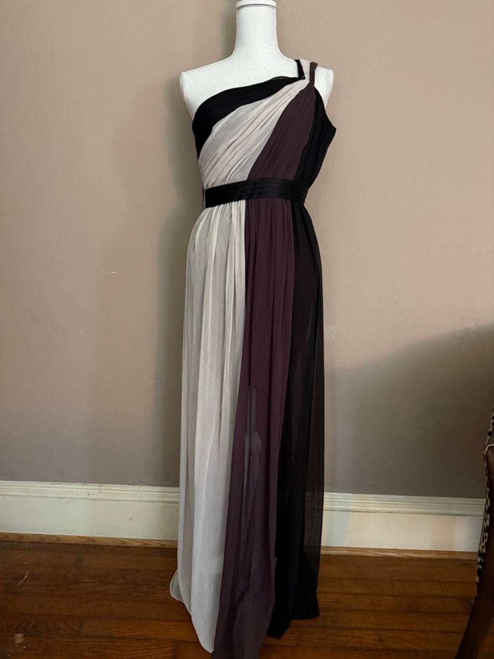 One-Shoulder Colorblock Gown in Black, Cream & Plum